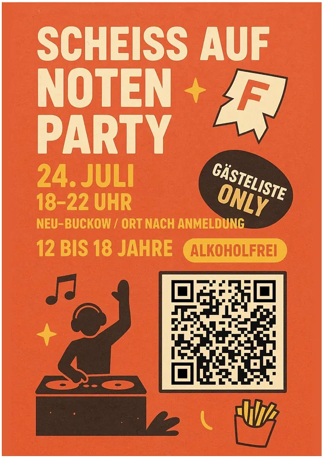 Flyer für die "Scheiß-auf-Noten-Party" auf der ein DJ-Strichmännchen und ein QR-Code zur Anmeldung zu erkennen sind. Die Informationen des Flyers finden sich ebenfalls auf der Website.