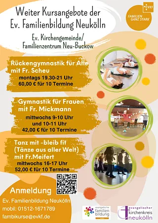 Info-Plakat zum Kursangebot "Rückengymnastik". Alle Infos finden sich identisch auf der Website.
