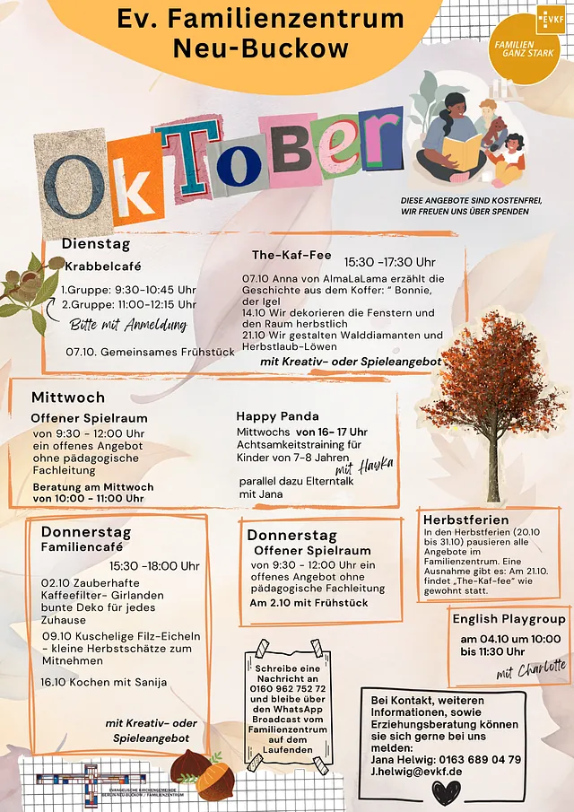 Das aktuelle Monatsprogramm Oktober mit den Terminen zu den Angeboten des Familienzentrums