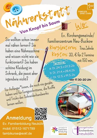 Flyer mit Informationen zur Nähwerkstatt. Alle Informationen finden sich identisch auf der Website.