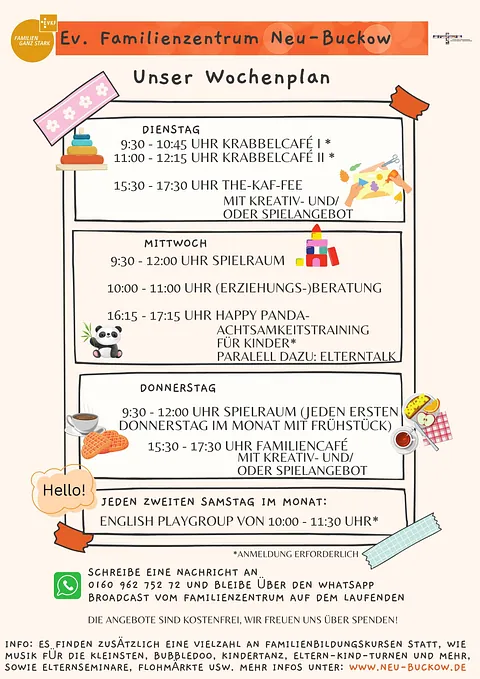 Das aktuelle Wochenprogramm mit den verschiedenen Angeboten des Familienzentrums