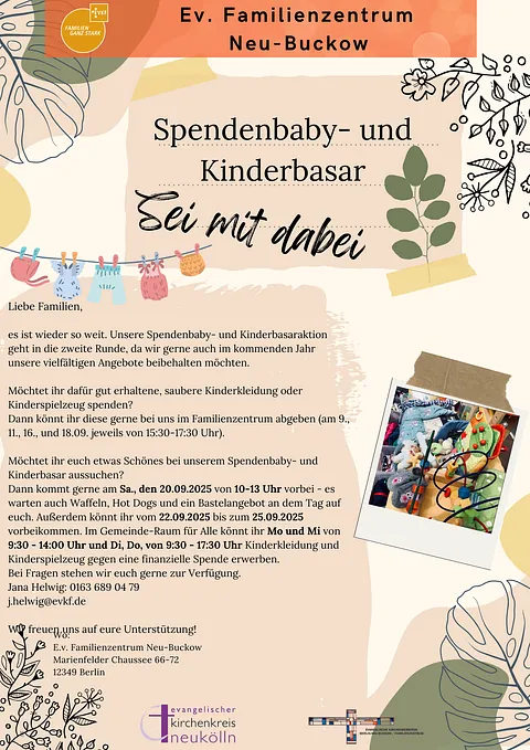 Flyer zum Spenden- und Kinderbasar. Alle Informationen finden sich identisch auf der Website.