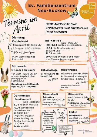 Das aktuelle Monatsprogramm April mit den Terminen zu den Angeboten des Familienzentrums