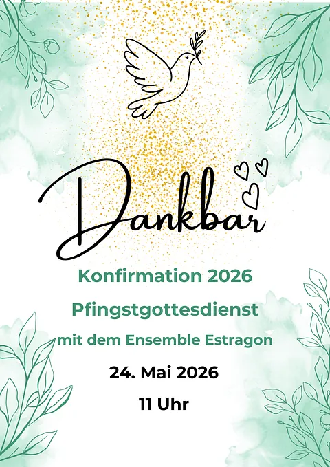 Plakat für den "Konfirmationsgottesdienst" an Pfingsten. Die Informationen des Flyers finden sich ebenfalls auf der Website.