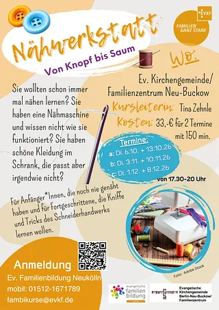 Flyer mit Informationen zur Nähwerkstatt. Alle Informationen finden sich identisch auf der Website.