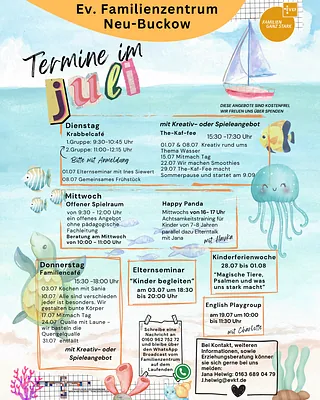 Das aktuelle Monatsprogramm Juli mit den Terminen zu den Angeboten des Familienzentrums