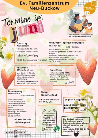 Das aktuelle Monatsprogramm Juni mit den Terminen zu den Angeboten des Familienzentrums