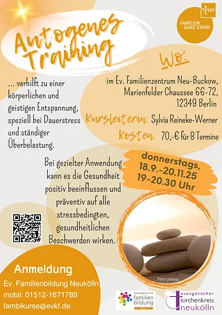Autogenes Training Plakat mit den wichtigsten Infos, die im Website-Text auch zu sind.